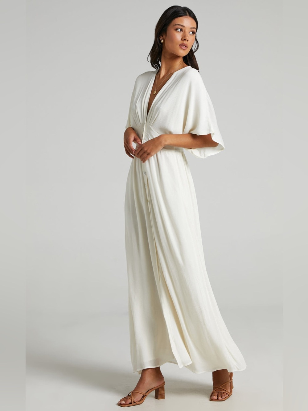 Showpo Sitting Pretty Maxi Dress Ivory Size 12 Button Front Boho - Picture 2 of 10